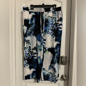 Pretty DKNY size XL white blue watercolor drawstring cropped pants new